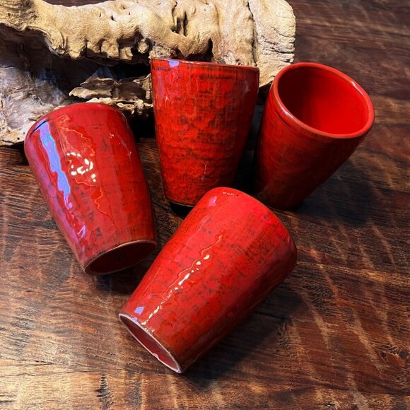 Noemi Ceramiche Handcrafted Ceramic Tumblers Set Of 4 Red Black Glaze Cups Made - Picture 1 of 8